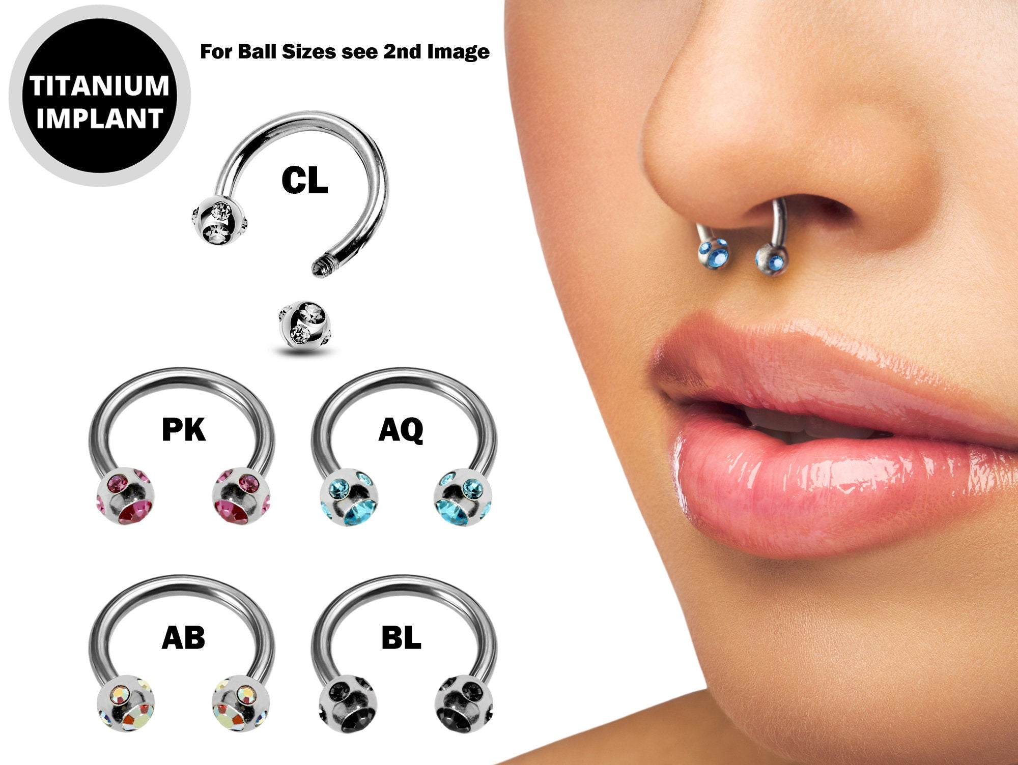 Titanium Horseshoe Ring Piercing 18g 16g 14g Septum Jewelry Bull Piercing with Multi Stone Ball Crystals Also for Nipple, PA Ring and Lips