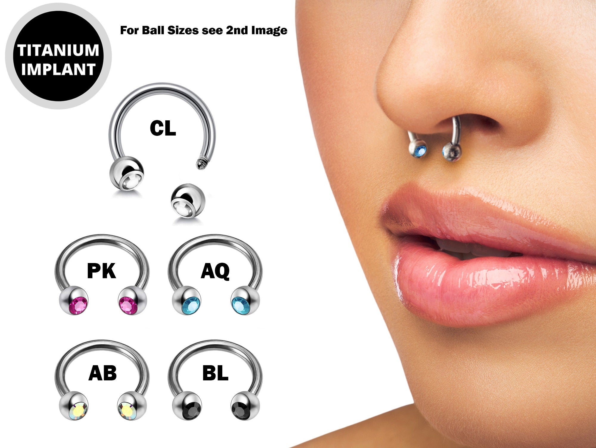 Titanium Horseshoe Ring Piercing 18g 16g 14g Septum Jewelry Bull Piercing with Gem Ball CZ Crystals - Also for Nipple, PA Ring and Lips