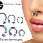 Titanium Horseshoe Ring Piercing 18g to 00g Rainbow Septum Jewelry Bull Piercing Also for Nipple, PA Ring, Lips Internal / External Threaded