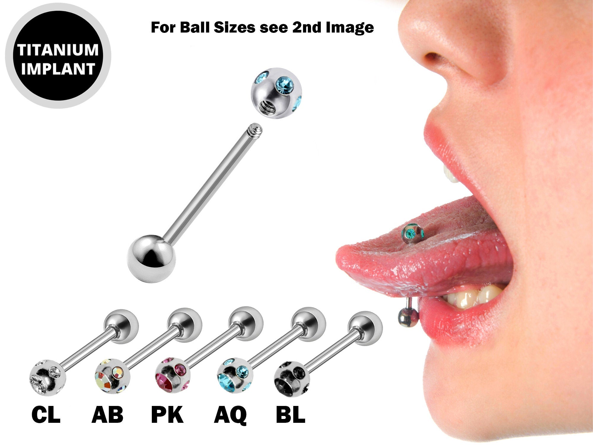 Titanium Tongue Bar, Barbell Stud Piercing with Multi Stone CZ Crystals - 18g 16g 14g Body Piercing Also for Nose Bridge, Nipple Bar