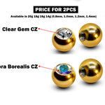 Titanium Coloured Plain Ball Replacement Parts - 2pcs Threaded Piercing Ball with CZ Gem - Attachment for 18g 16g 14g Barbells Body Piercing