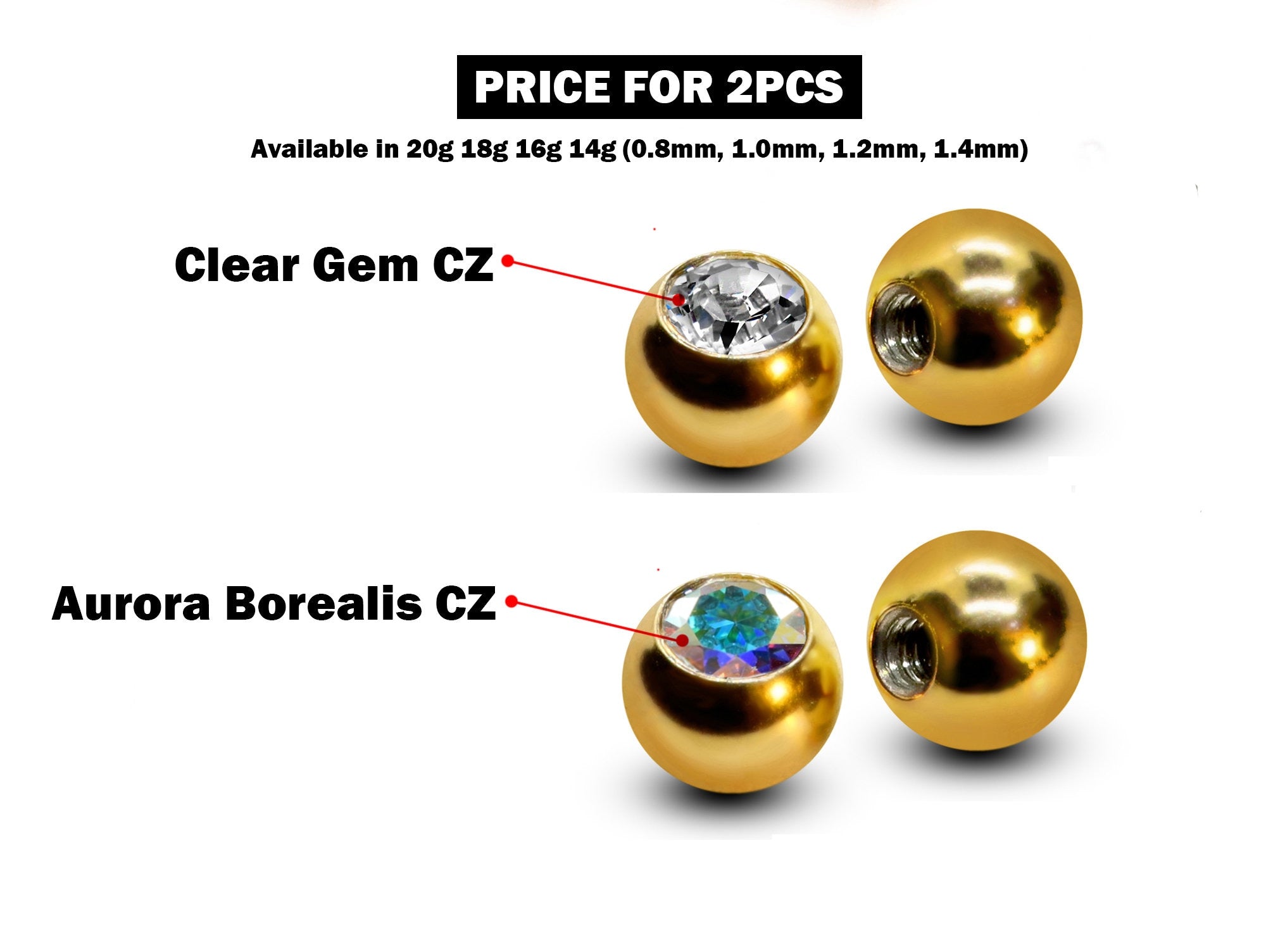 Titanium Coloured Plain Ball Replacement Parts - 2pcs Threaded Piercing Ball with CZ Gem - Attachment for 18g 16g 14g Barbells Body Piercing