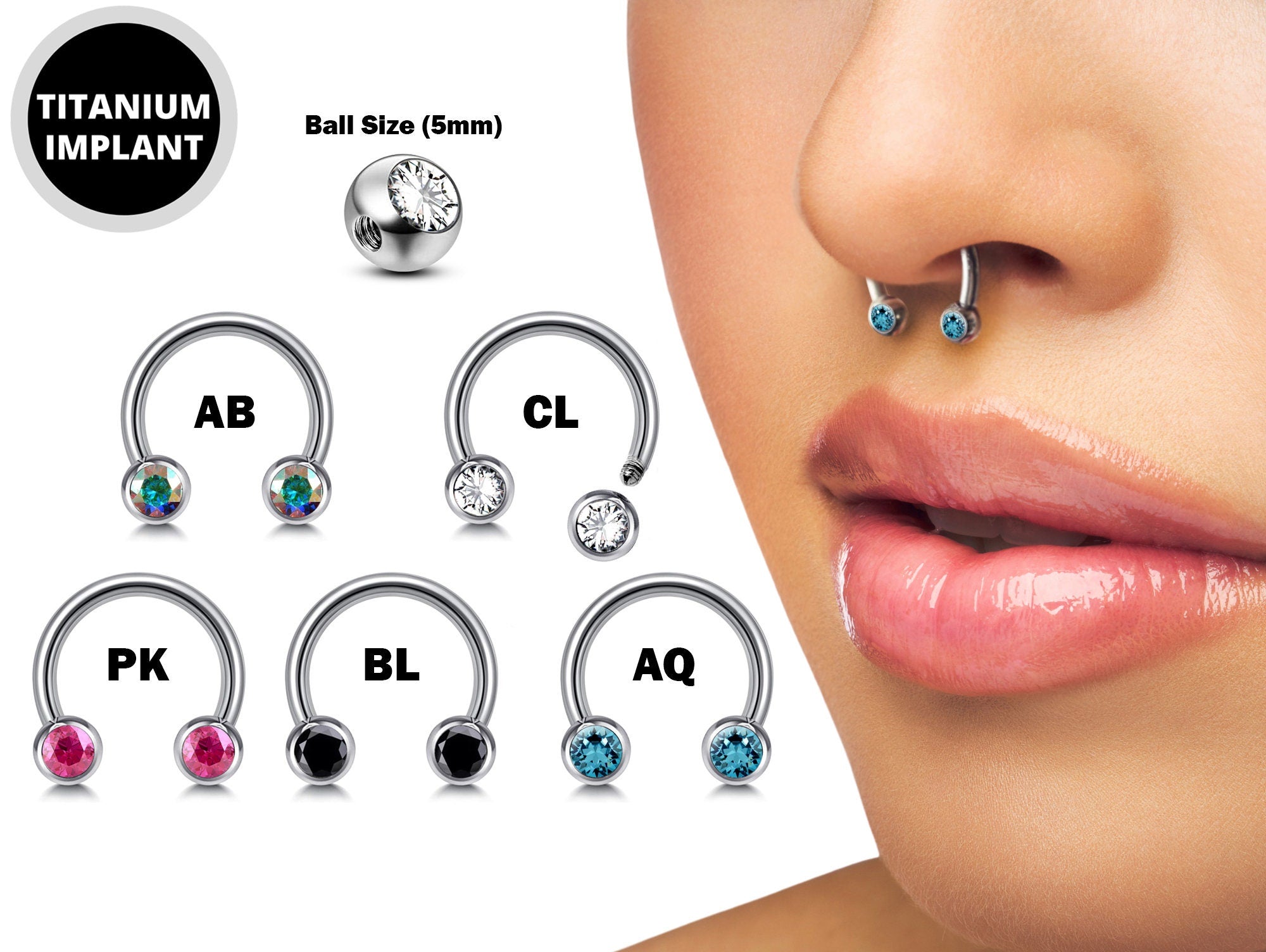 Titanium Horseshoe Front Facing Barbell Nose Septum - 16g 14g Externally Threaded Ring with CZ Crystals - Body Jewelry Lip Ring, Daith Ring