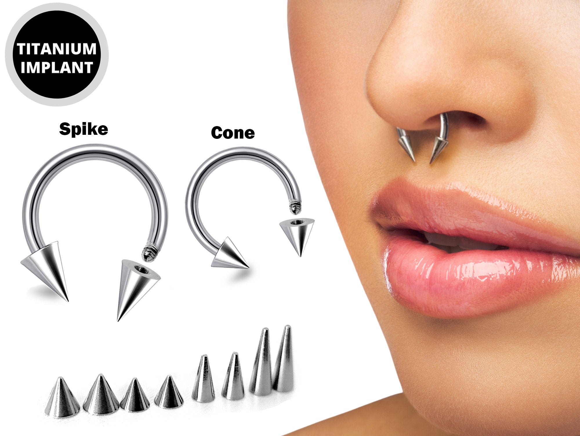 Titanium Spike Horseshoe Ring Piercing 18g 16g 14g Cone Septum Jewelry Bull Piercing Also for Nipple, PA Ring and Lips