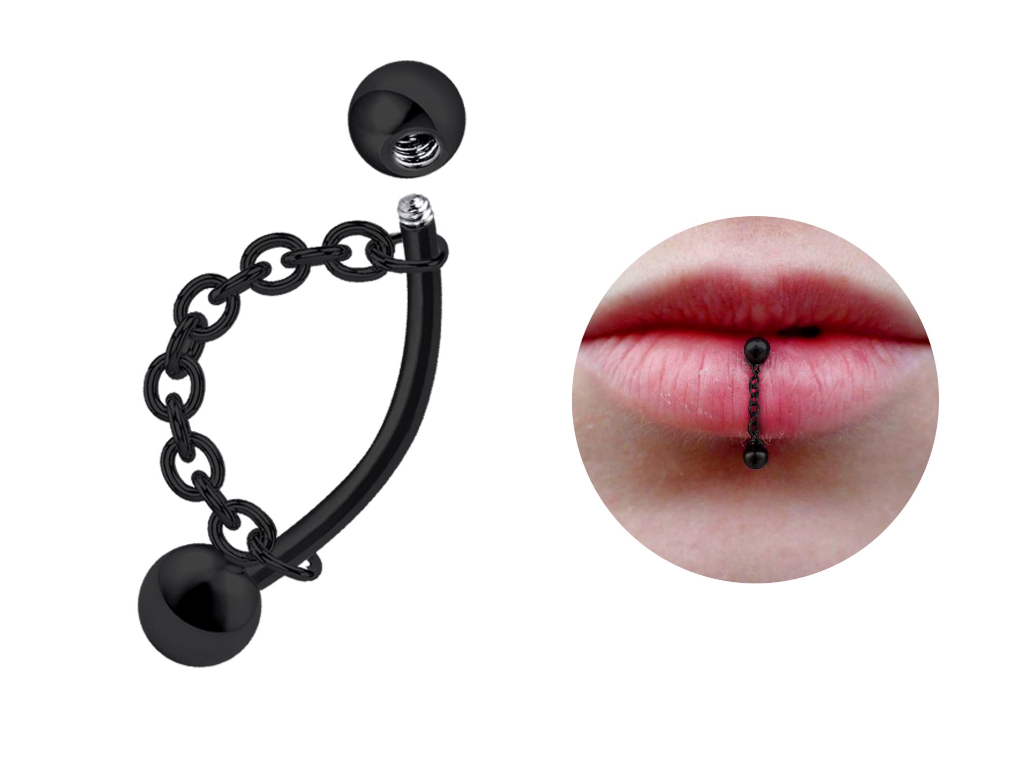 Titanium Lip Ring Vertical Labret Piercing with Chains - 18g 16g 14g Lip Piercing Curved Bar, Body Jewelry Gold, Rose Gold, Black & Steel