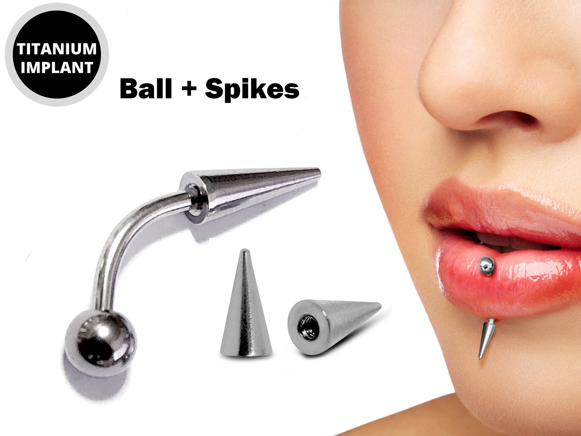 Titanium Spike Vertical Labret Stud Lip Piercings - Spikes / Cone 18g 16g 14g Curved Bar - Also Piercing Stud for Anti- Eyebrow, Rook