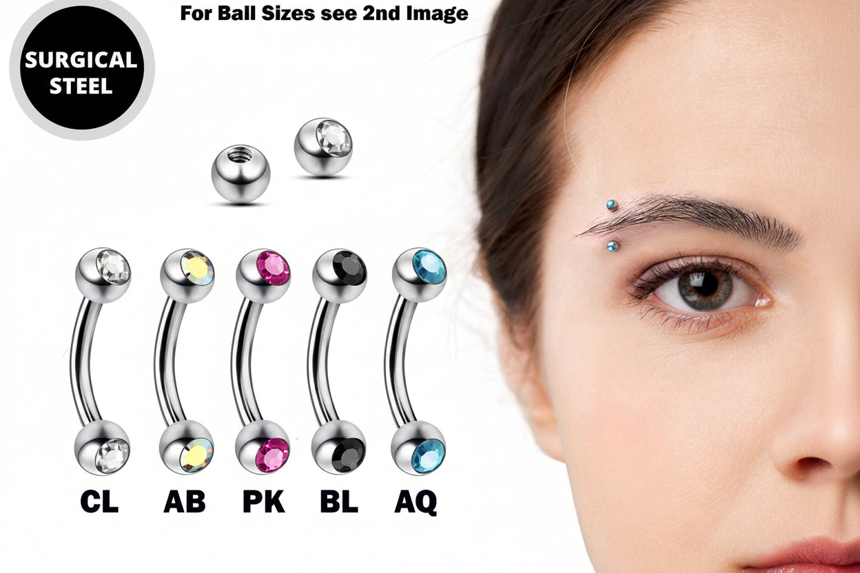 Titanium Eyebrow Stud, Eyebrow Jewelry with Gem Ball Crystal - 18g 16g 14g Curved Bar Body Piercing also for Ear Piercing, Lip Barbell