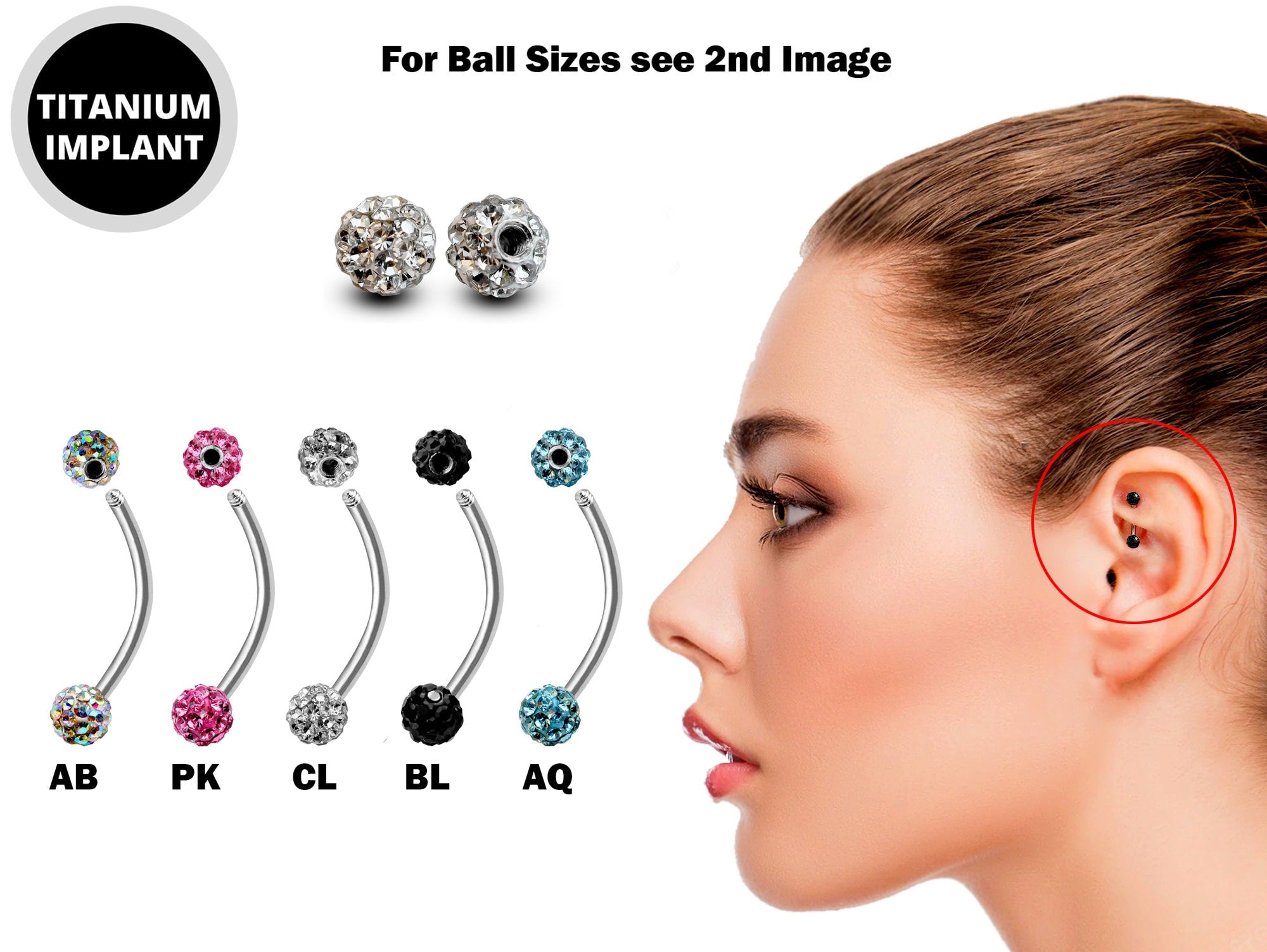 Titanium Rook Piercing Jewelry Earring with Disco Ball Crystal - 18g 16g 14g Curved Bar Body Piercing, Ear Piercing, Rook Earring