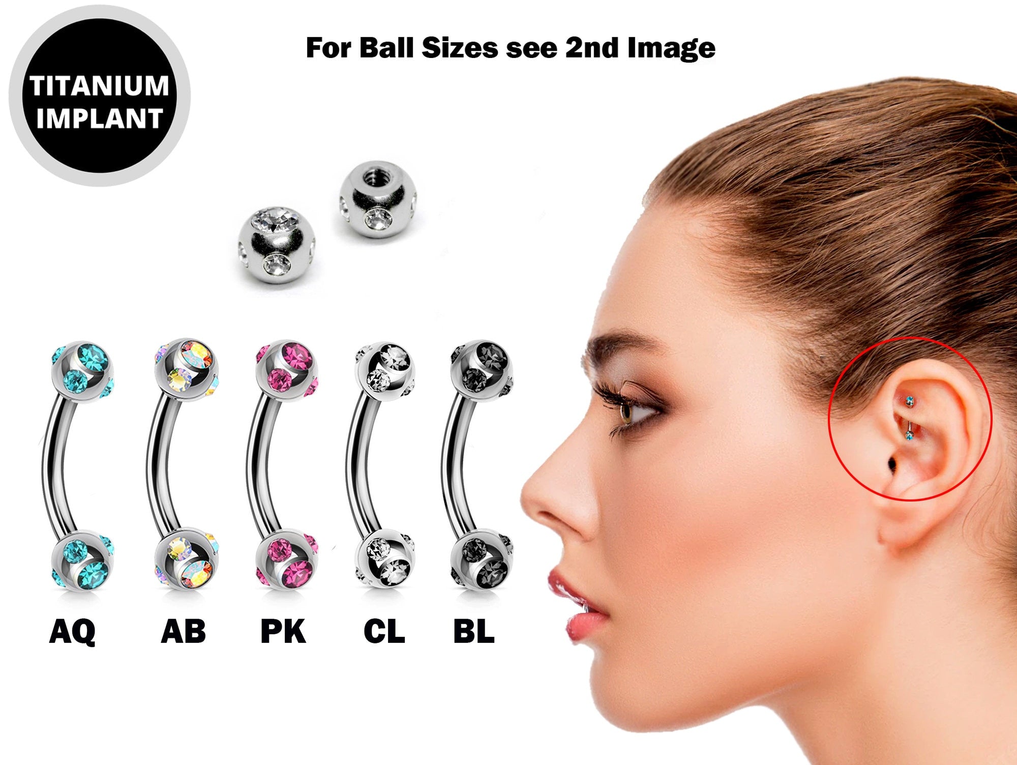 Titanium Rook Barbell Jewelry Earring with Multi Stone Crystal - 18g 16g 14g Curved Bar Body Piercing, Ear Piercing, Rook Earring