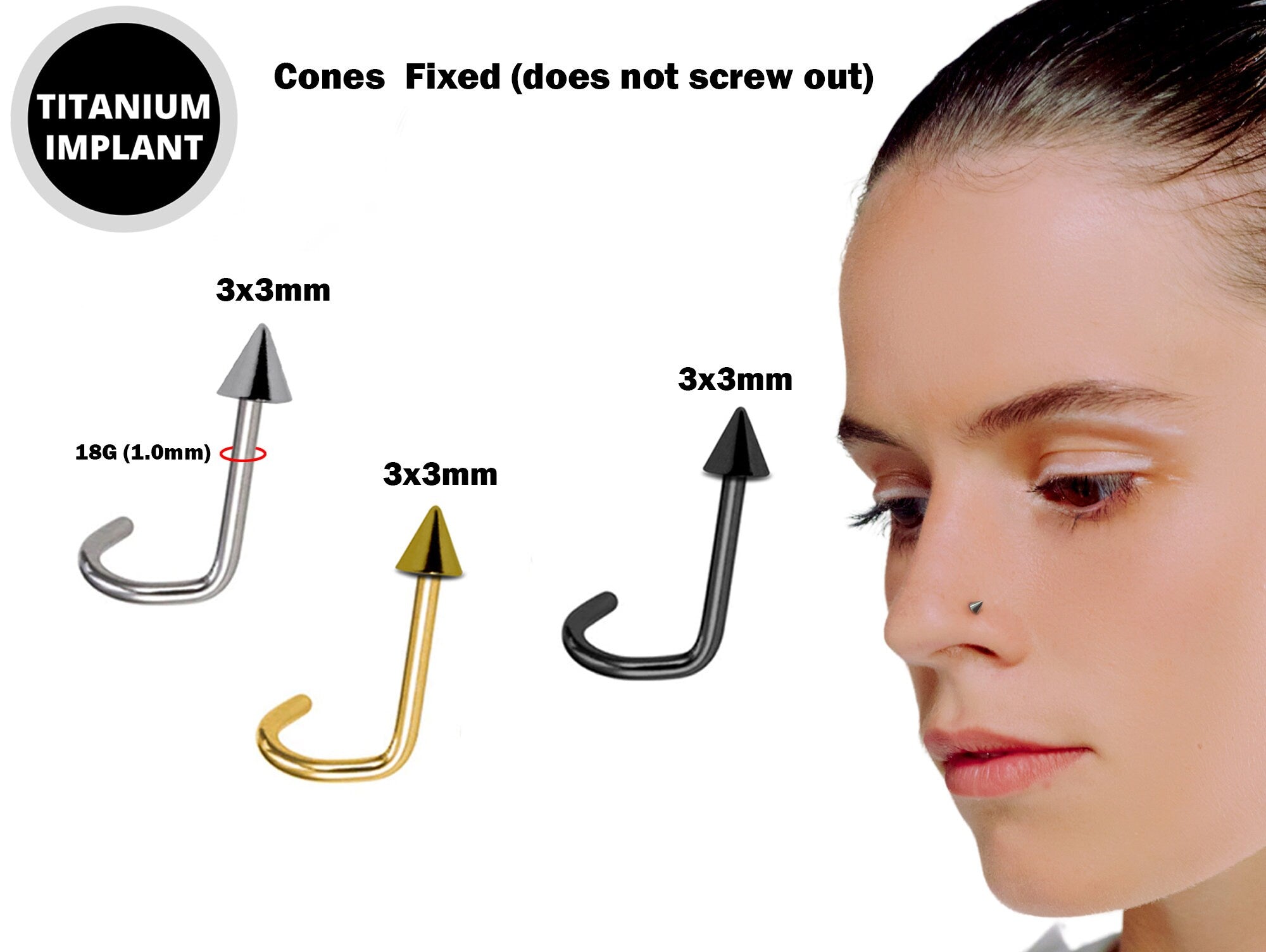 Titanium Cone / Spike Indian Nostril Studs 18g Nose pin fixed top no screw in Steel, Gold and Black Color - Vacuum Plated Nose Piercing