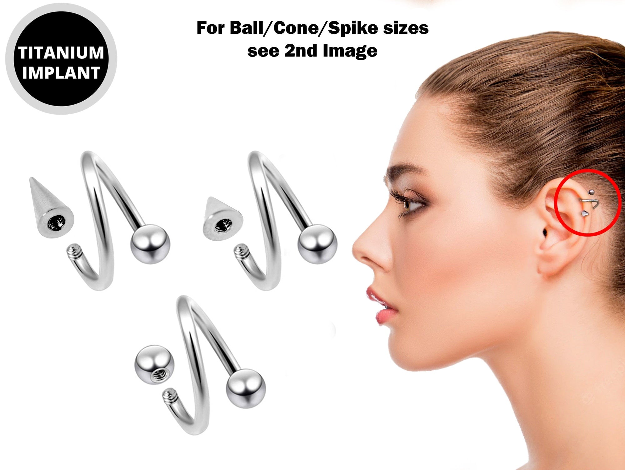 Ball/Cone/Spike Spiral Cartilage Piercing, Titanium Twisted Helix Earring 16g 14g in many Colours - Also Piercing for Lip, Eyebrow and Lobe