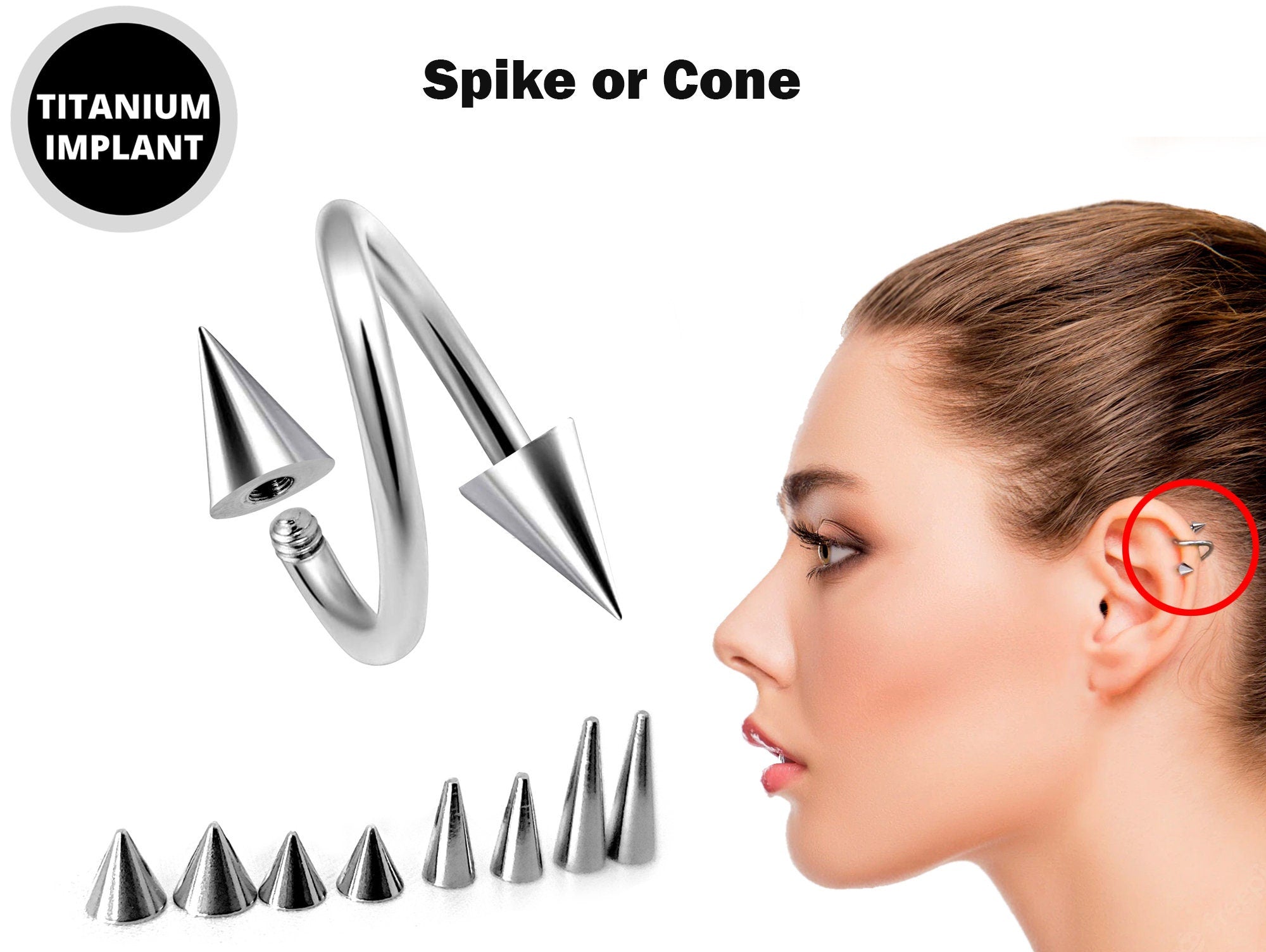 Cone / Spike Spiral Helix Piercing - 18g 16g 14g Titanium Twisted Barbell Ear Piercing, Cartilage Ring, Lip Ring, Belly Ring