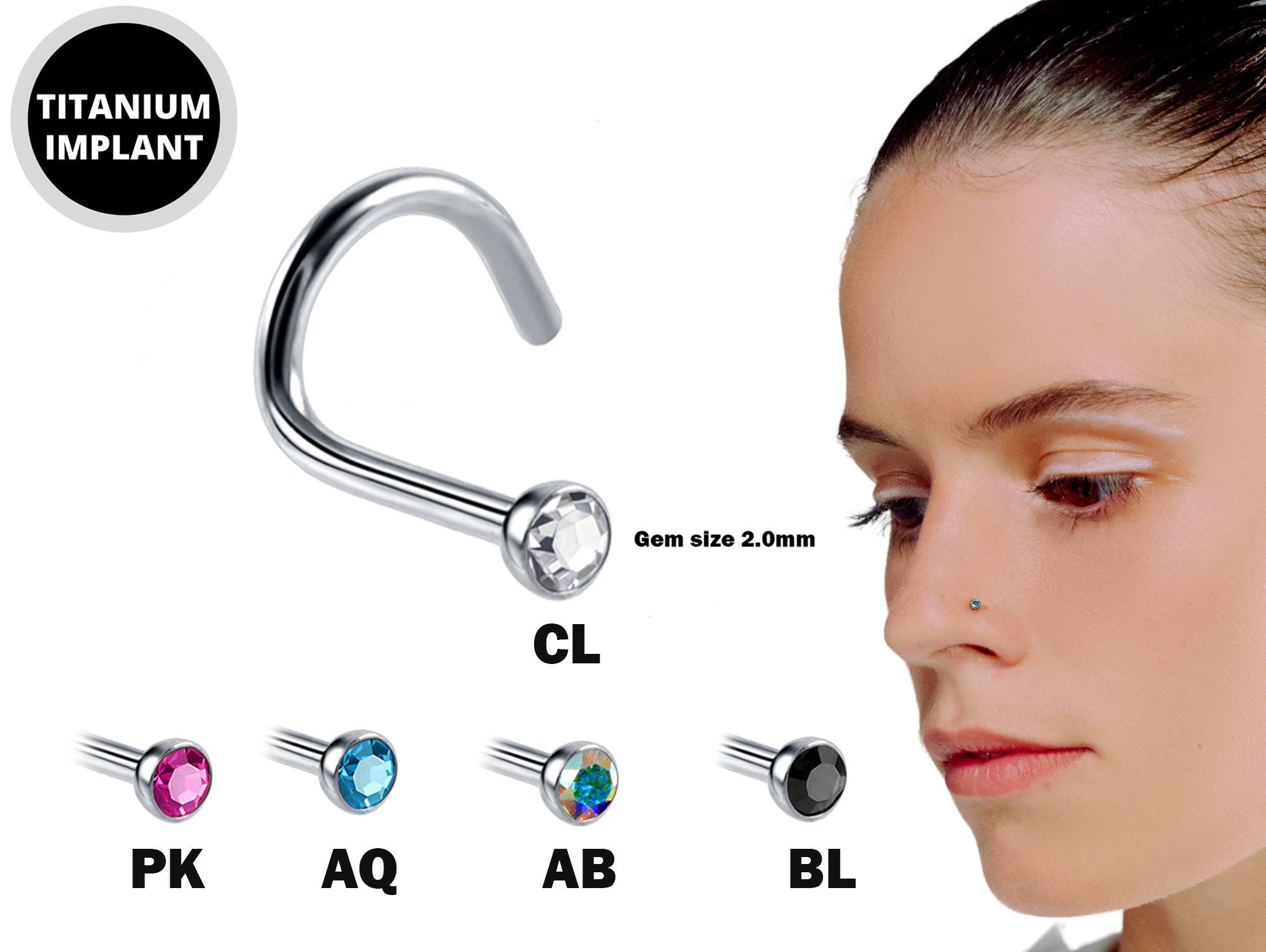 Nostril Screw Studs, Indian Nose Ring - 23g 20g 18g Titanium Nose Piercing with CZ Crystals - Curved Nose Ring, Nostril Jewelry, Nasallang