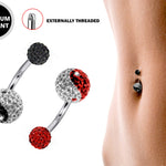 Yin Yang Belly Ring, Navel Ring with Disco ball CZ Crystal - Titanium 14g size 10mm Standard Belly bar, Belly Button Body Piercing