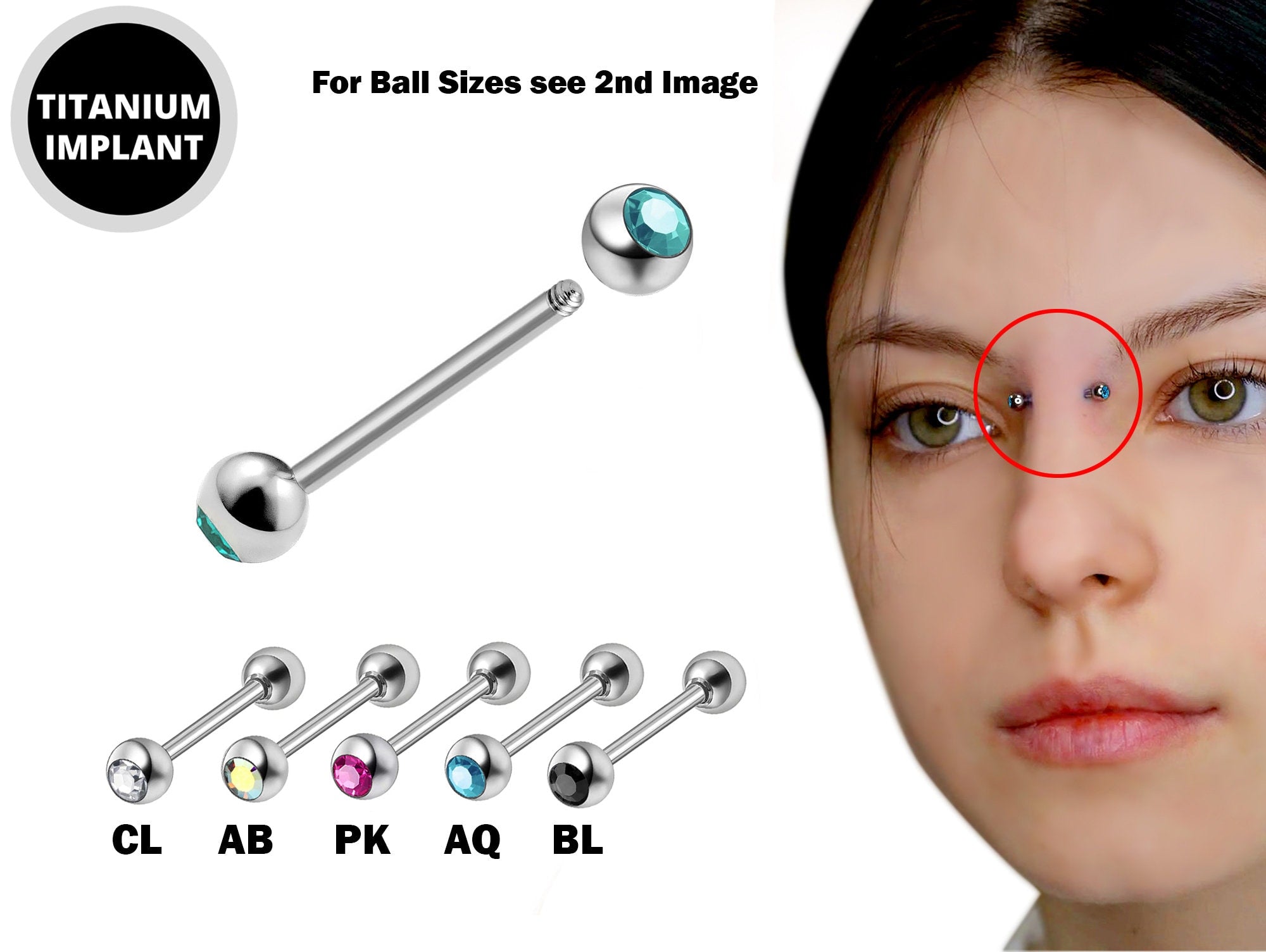 Titanium Upper Nose Bridge Piercing, Barbell Studs 18g, 16g, 14g Body Piercing Barbell with Double Gem CZ Crystals