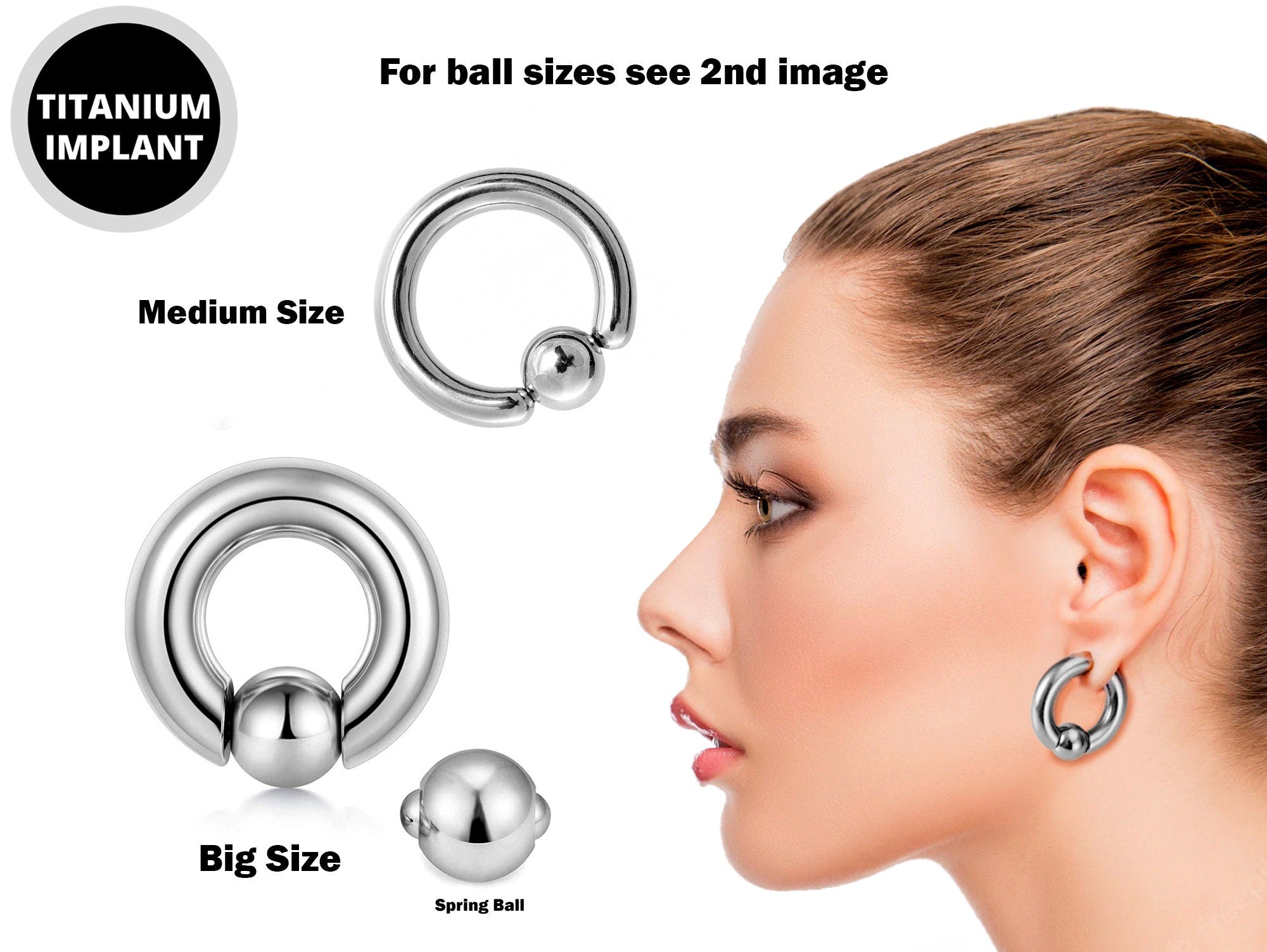 Ball Hoop Earring, CBR Closure Ball Ring with Spring Ball Ear Piercing - Titanium 12G-6G Medium - 8G to 00G Big Ear Gauge With Spring Ball