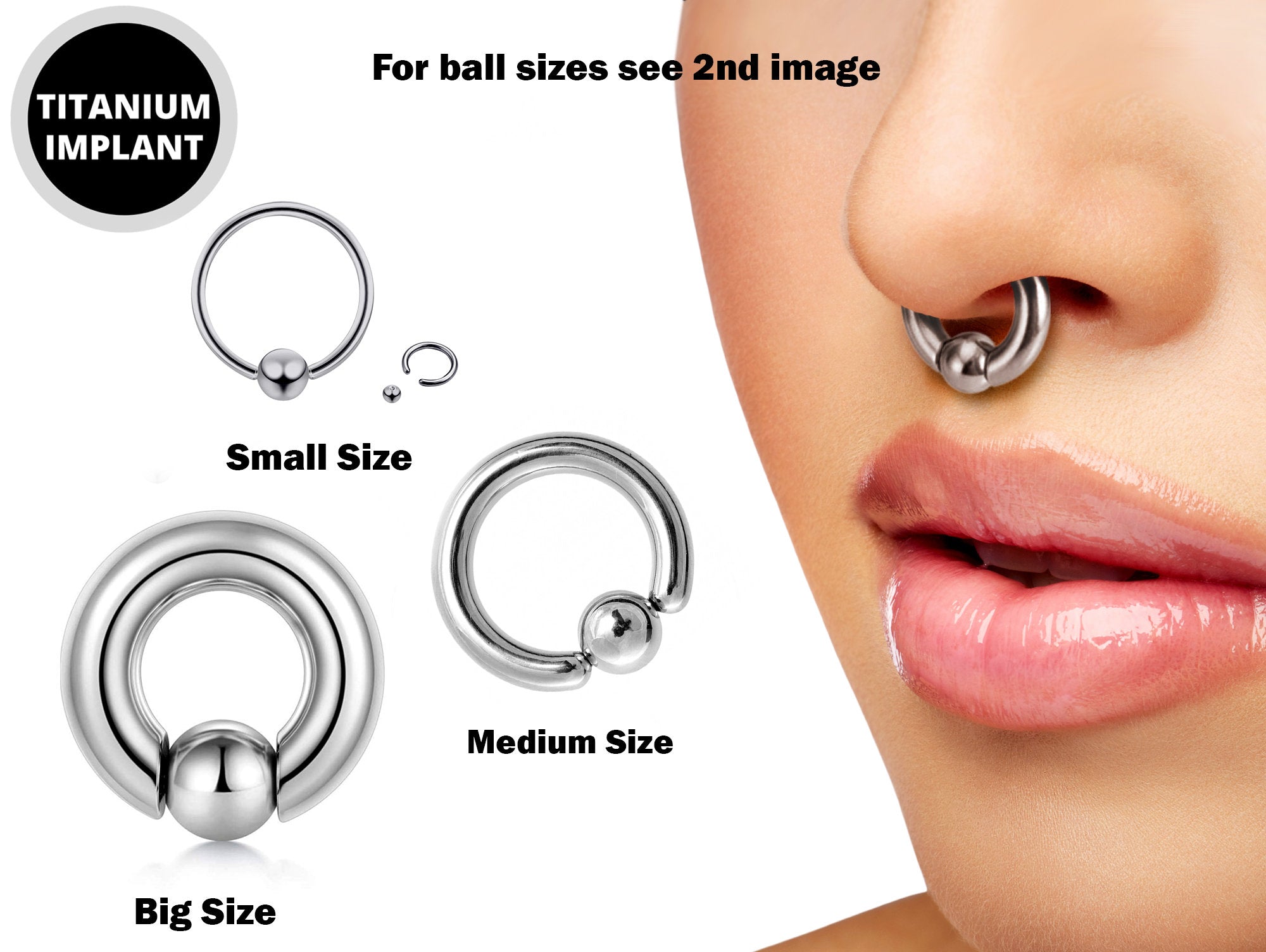 Ball Hoop Septum Ring, CBR Closure Ball Nose Ring, Spring Ball BCR - Titanium 18G-6G Small - 8G to 00G Large Gauge Nose Hoops - Captive Ball