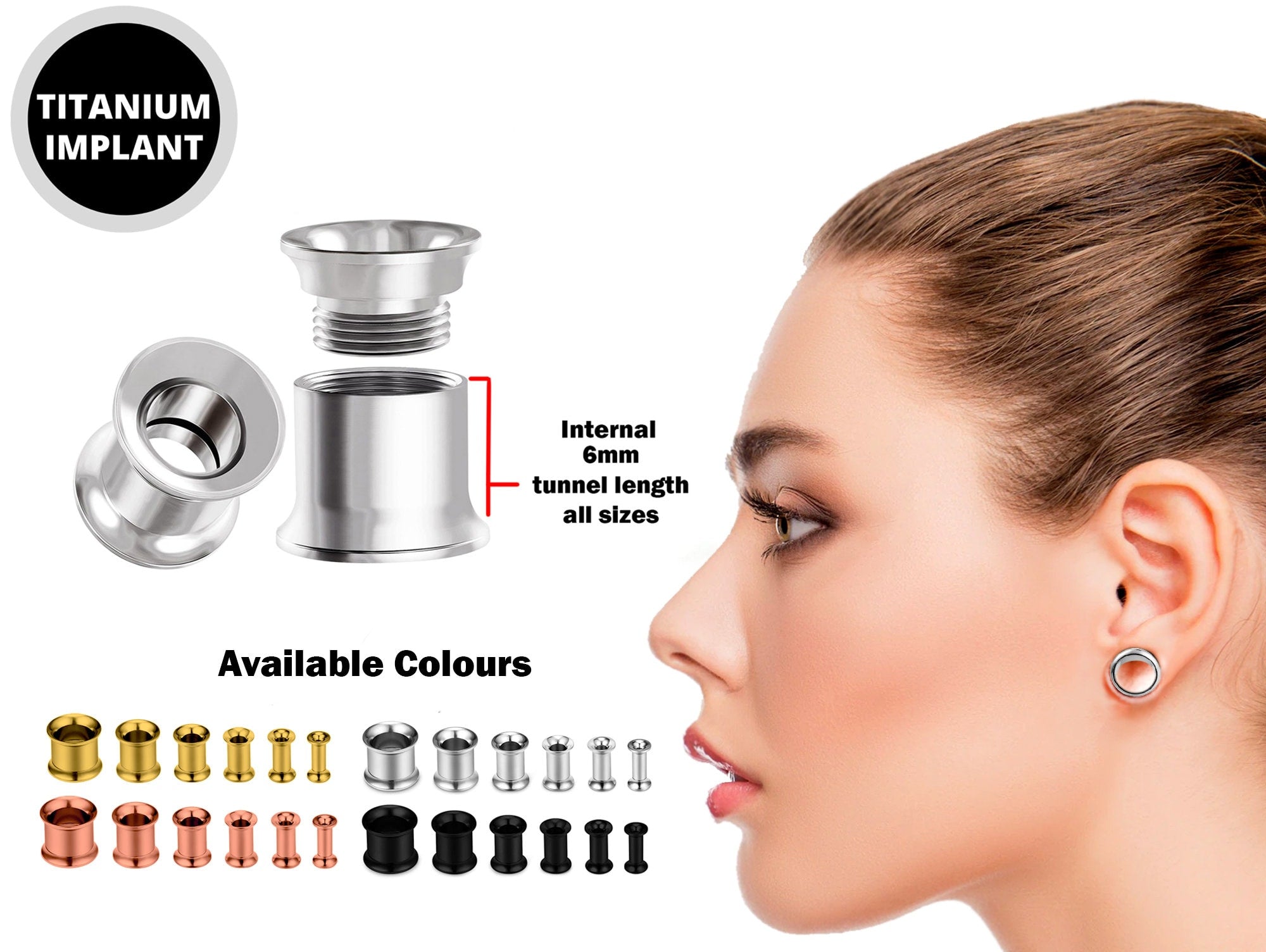 Titanium Steel Double Flare Threaded Plugs Earring - Ear gauges, Ear Stretching Kit - 8g 6g 4g 2g 0g 00g - Steel, Black, Gold & Rose Gold