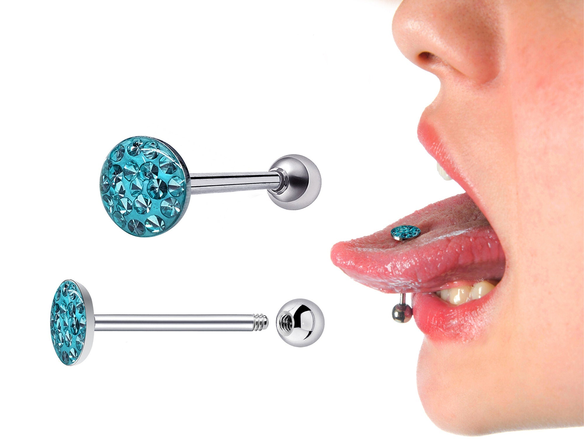 Sexy Flat Tongue Piercing Jewelry Titanium 14G Tongue barbell with Acrylic Coated Multiple CZ Crystal - Barbell Studs, Tongue Ring