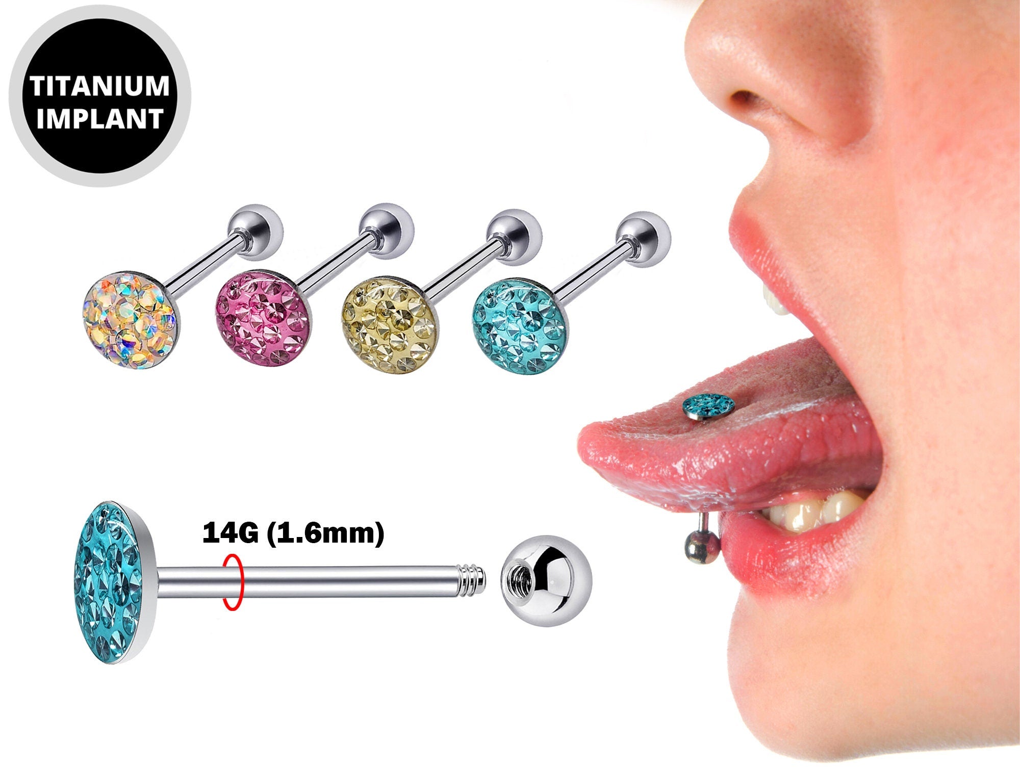 Sexy Flat Tongue Piercing Jewelry Titanium 14G Tongue barbell with Acrylic Coated Multiple CZ Crystal - Barbell Studs, Tongue Ring