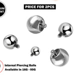 Internal Balls Piercing Parts - 2pcs Titanium Piercing Balls for Internal Piercing - 16G to 00G ball parts for Barbell, PA Ring, Labret