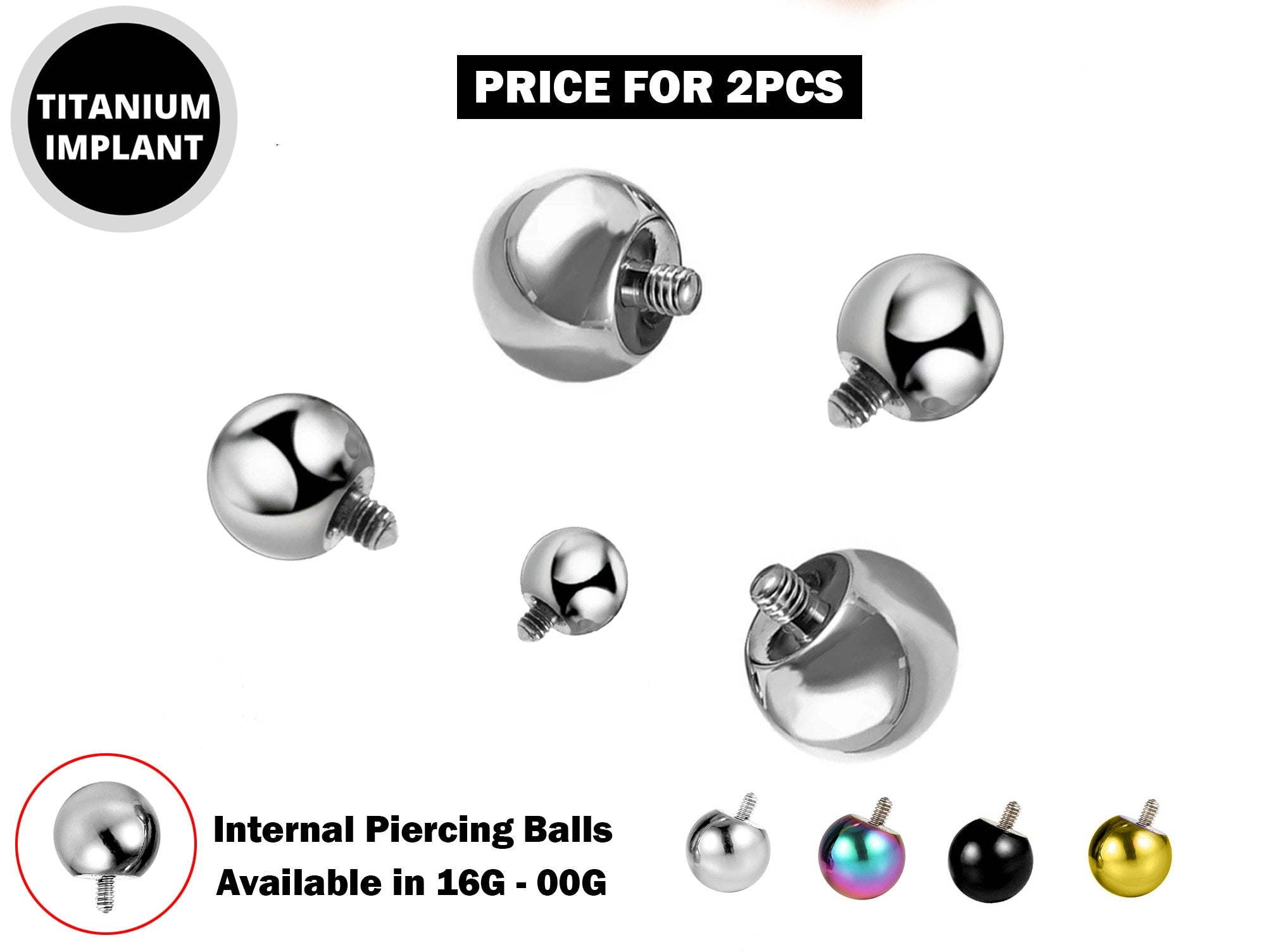 Internal Balls Piercing Parts - 2pcs Titanium Piercing Balls for Internal Piercing - 16G to 00G ball parts for Barbell, PA Ring, Labret