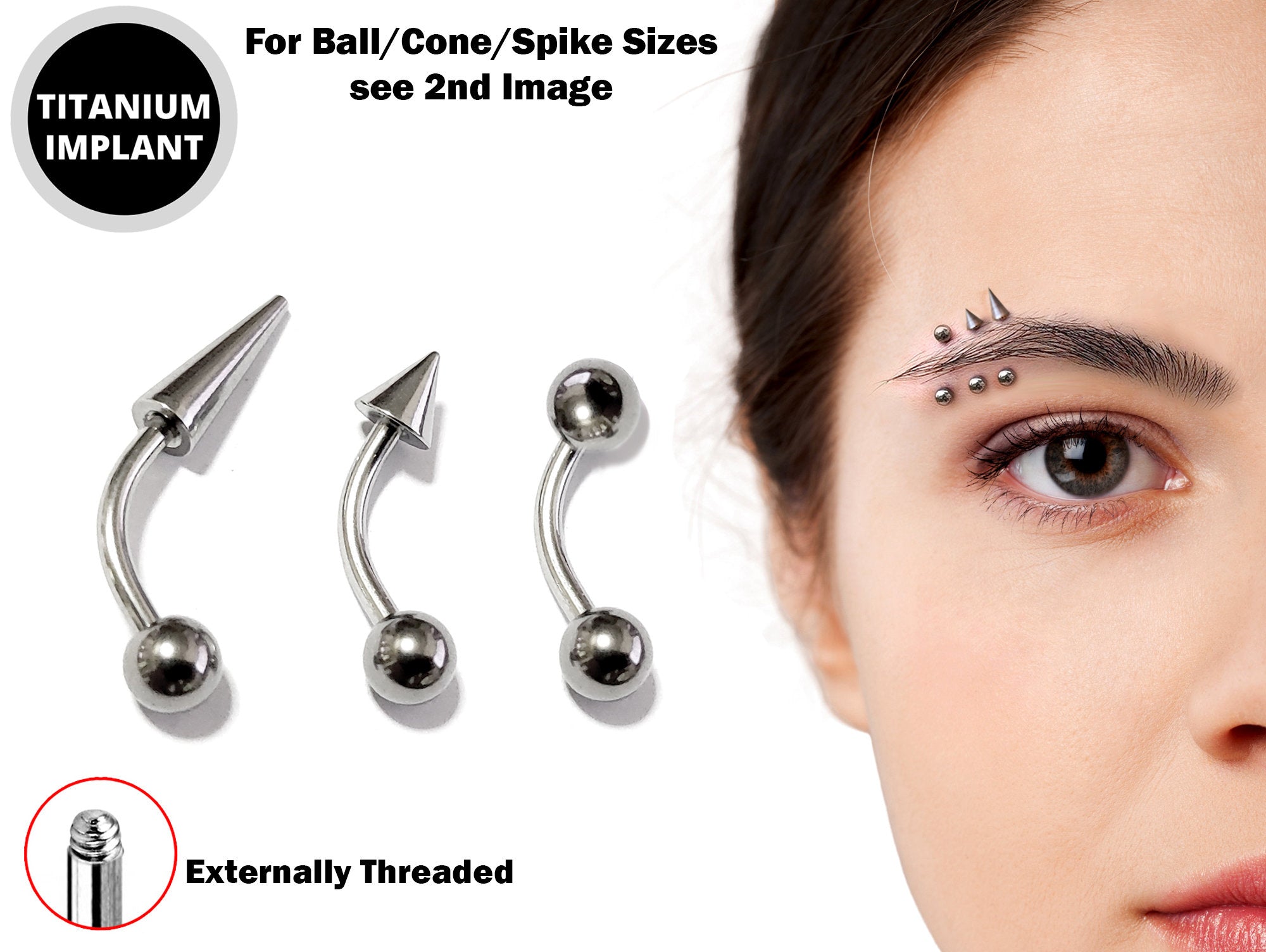 Ball/Cone/Spike Eyebrow Jewelry Piercing Studs - Titanium 18g 16g 14g Curved Bar - Bent Bar, Eyebrow Piercing, Ear Piercing, Lip, Rook