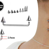 Cone / Spike Dermal Surface Piercing, Nape Piercing - Titanium 16g 14g Implant Grade 90 degree Staple Bar also for Third Eye Piercing