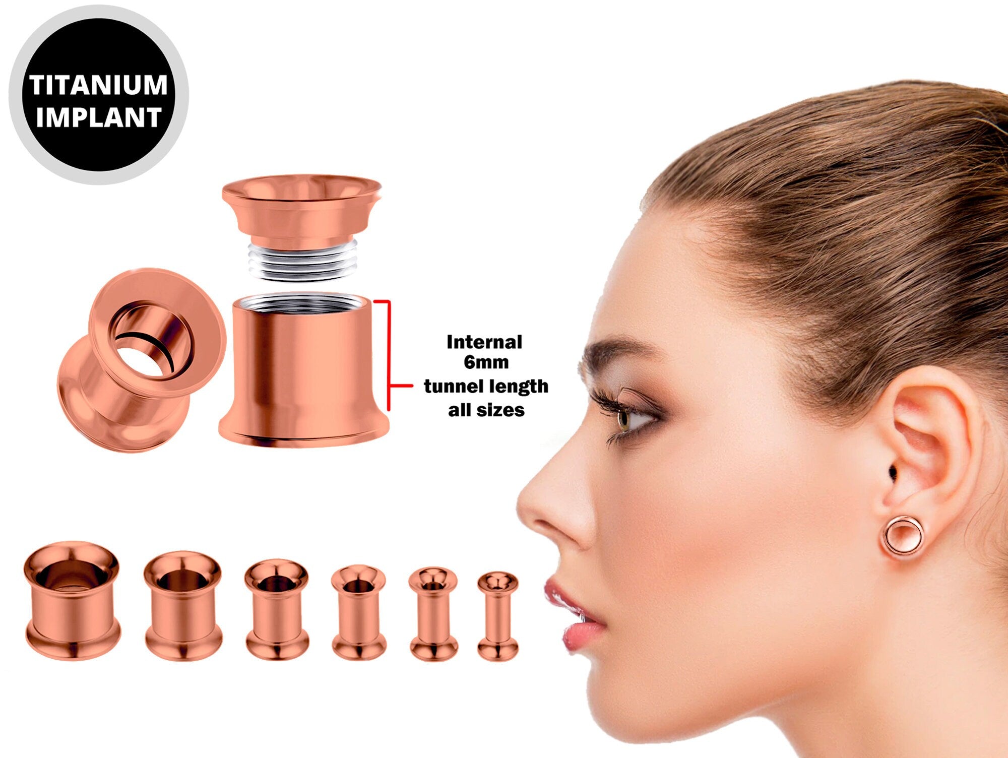 Titanium Steel Double Flare Threaded Plugs Earring - Ear gauges, Ear Stretching Kit - 8g 6g 4g 2g 0g 00g - Steel, Black, Gold & Rose Gold