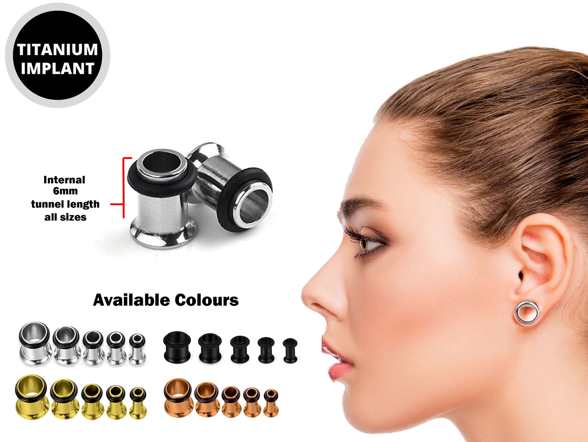 Titanium Single Flare Ear Plugs Eyelet with Black Rubber O-ring - Ear Stretching Kit - 8g 6g 4g 2g 0g 00g - Silver, Black, Gold & Rose Gold