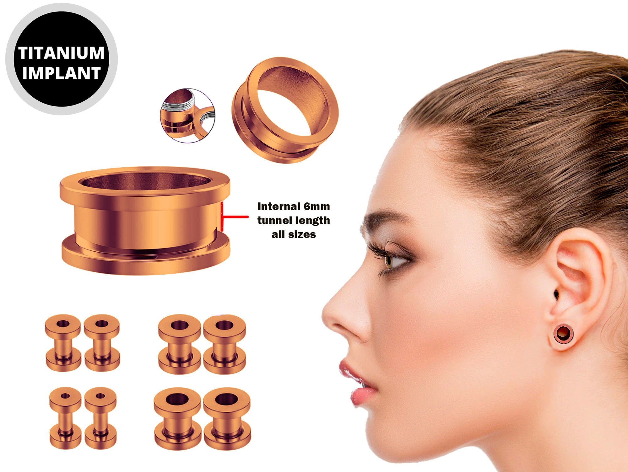 Titanium Steel Flesh Tunnel Plug Earrings - Screw back Ear gauges, Ear Stretching Kit - 8g 6g 4g 2g 0g 00g - Silver, Black, Gold & Rose Gold