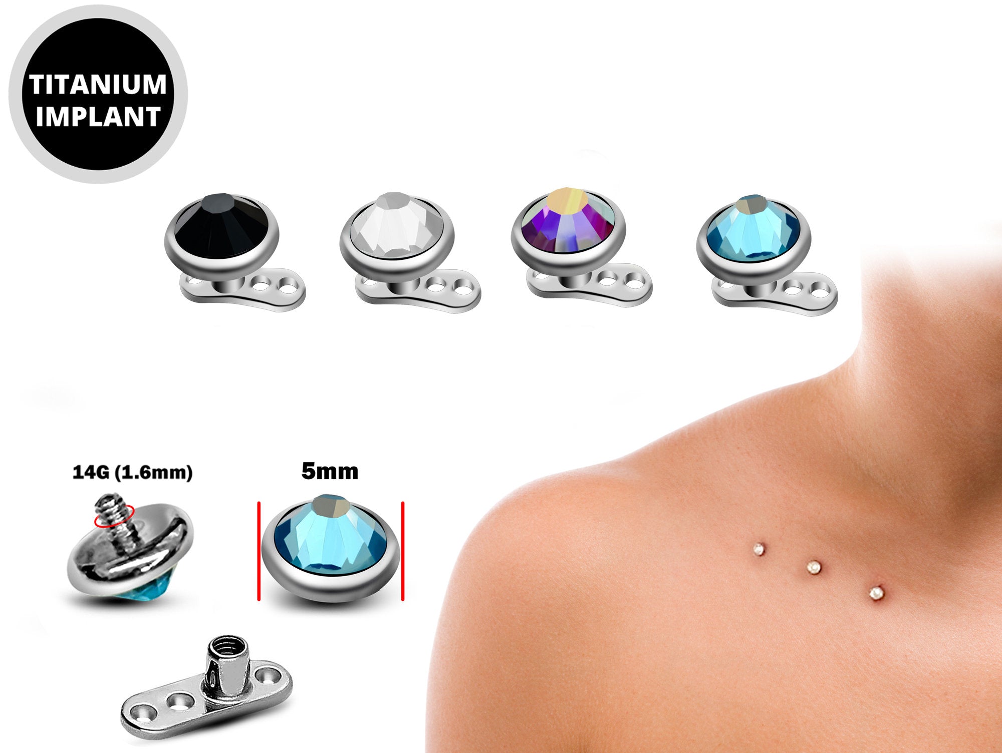 Internal Dermal Anchor Piercing, Collar Bone Piercing with Gem CZ Crystal - Titanium 14G Micro Dermal Implant Skin Jewelry