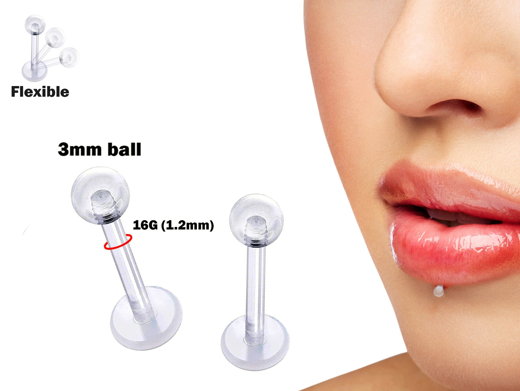 Bioflex Labret Retainer 16G Clear Labret with 3mm Ball - Hypoallergenic Labret - Hide Piercing Lip Labret - medusa, ashley, tragus