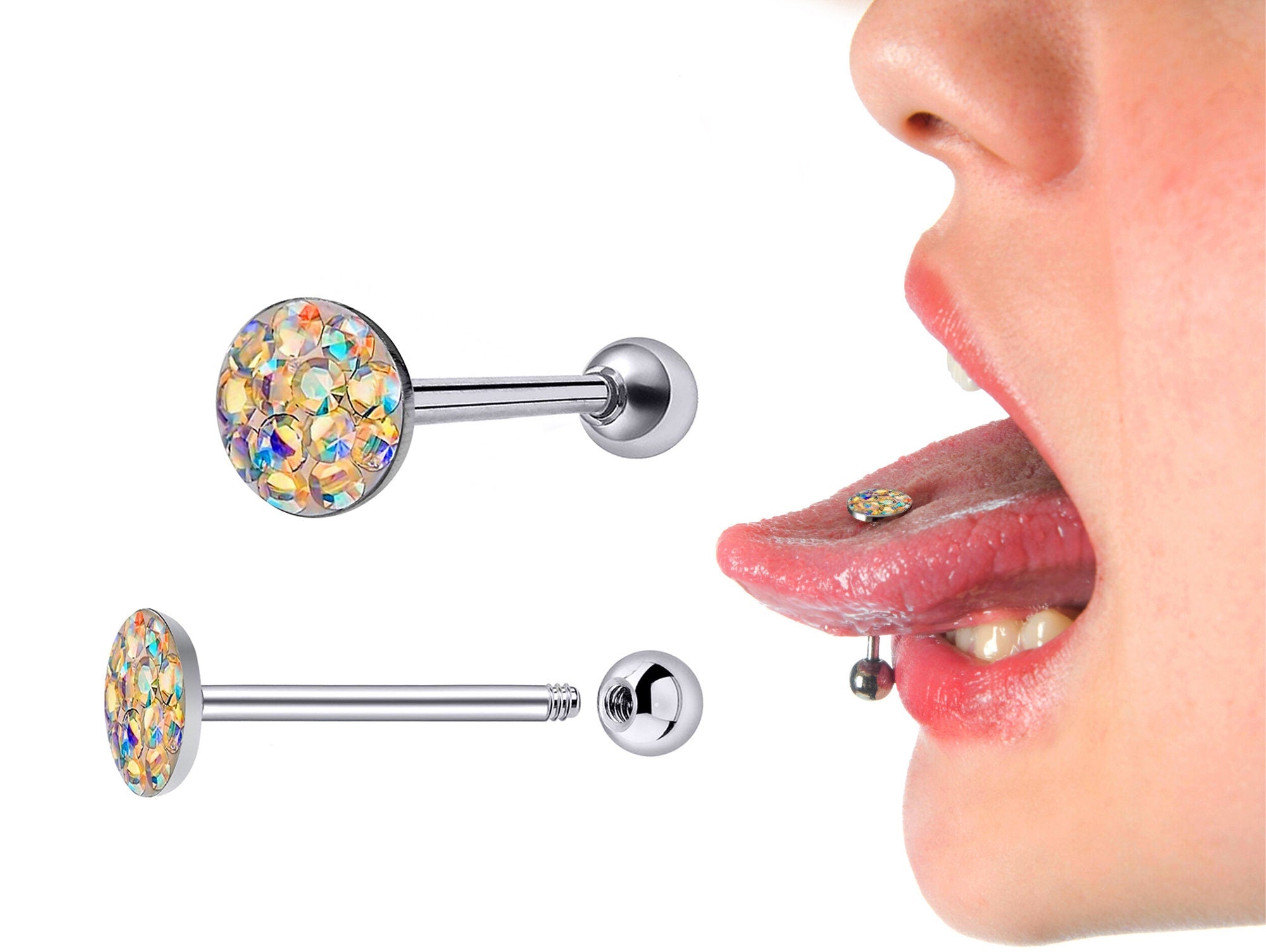 Sexy Flat Tongue Piercing Jewelry Titanium 14G Tongue barbell with Acrylic Coated Multiple CZ Crystal - Barbell Studs, Tongue Ring