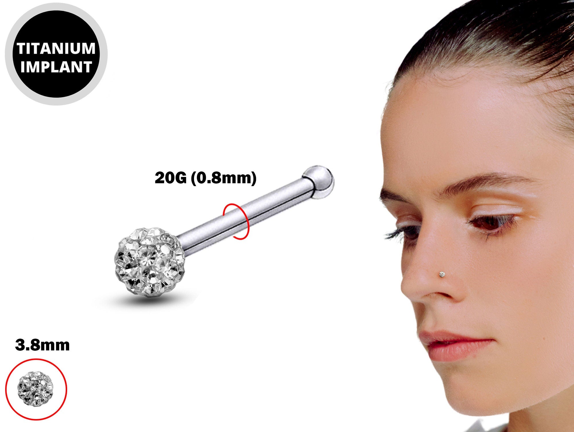 Straight Nose Stud Piercing, Titanium 20g Nose Pin with Fixed Ball CZ Crystals - Body Piercing for Nostril Stud, Nose Piercing, Nose bone