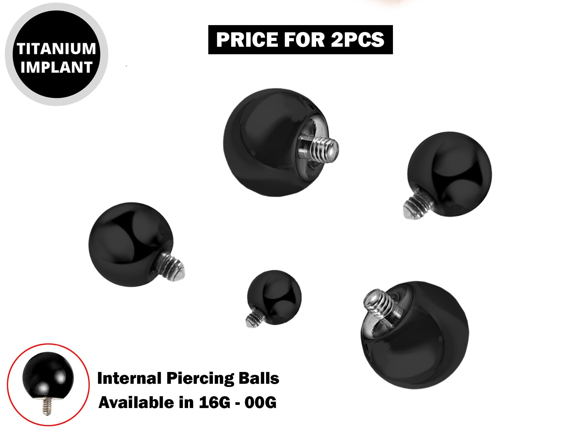 Internal Balls Piercing Parts - 2pcs Titanium Piercing Balls for Internal Piercing - 16G to 00G ball parts for Barbell, PA Ring, Labret