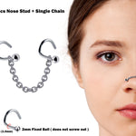 Nasallang Nose Screw Piercing, 2pcs Nostril Studs with Single Chain Piercing - 18G Nose Piercing with Fixed Ball Nostril Jewelry