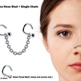 Nasallang Nose Screw Piercing, 2pcs Nostril Studs with Single Chain Piercing - 18G Nose Piercing with Fixed Ball Nostril Jewelry