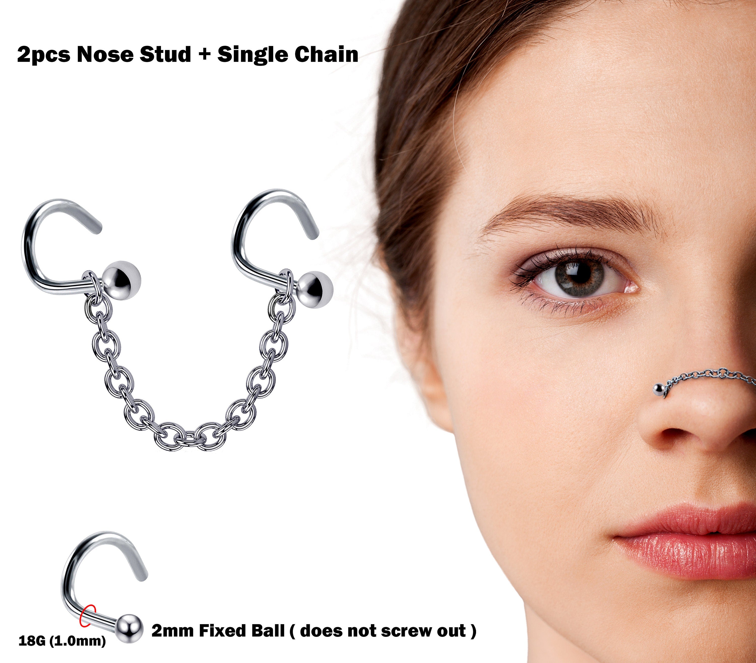 Nasallang Nose Screw Piercing, 2pcs Nostril Studs with Single Chain Piercing - 18G Nose Piercing with Fixed Ball Nostril Jewelry