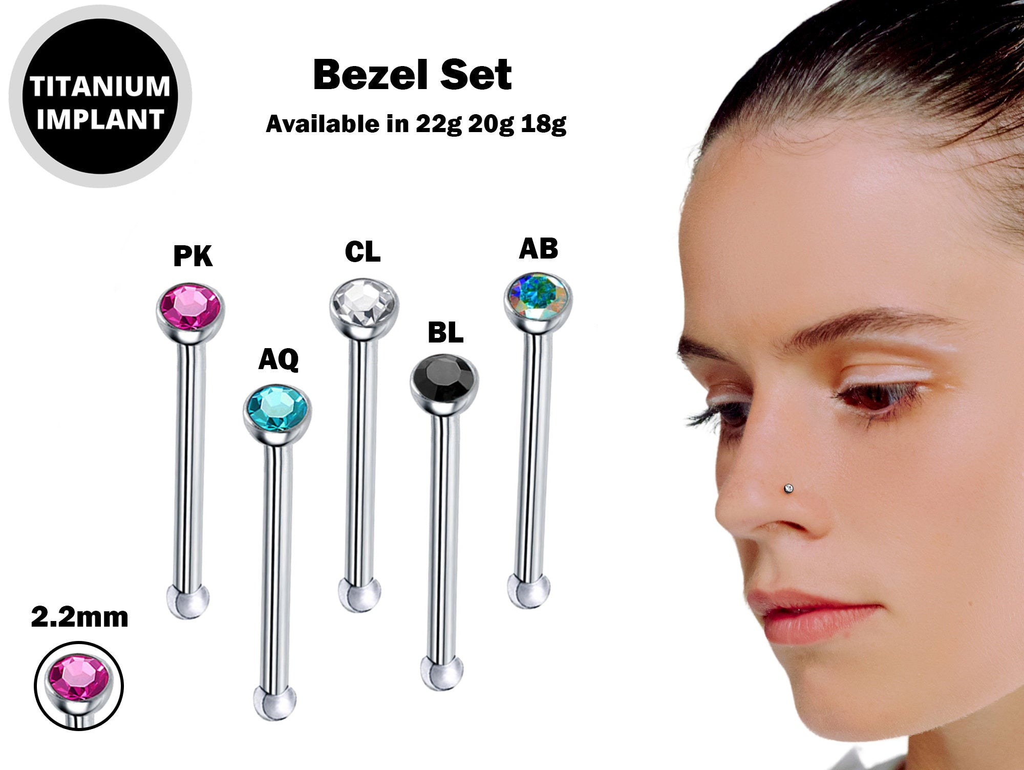 Straight Nose Stud Piercing, Titanium 22g 20g 18g Nose Pin with Bezel Set Crystal - Body Piercing for Nostril Stud, Nose Piercing, Nose bone