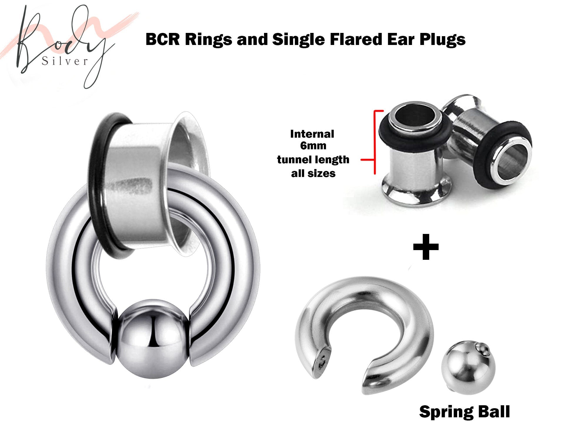 Single Flare Ear Plugs with Spring Ball BCR Ring, Captive Ball Hoop - Big Gauge 8G to 00G Ear Piercing, Ear Gauges, Ear Stretchers