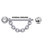 Nose Bridge Barbell Front Gem CZ Crystal, Titanium Barbell Studs with Chain 16g 14g Body Piercing Jewellery - Externally Threaded