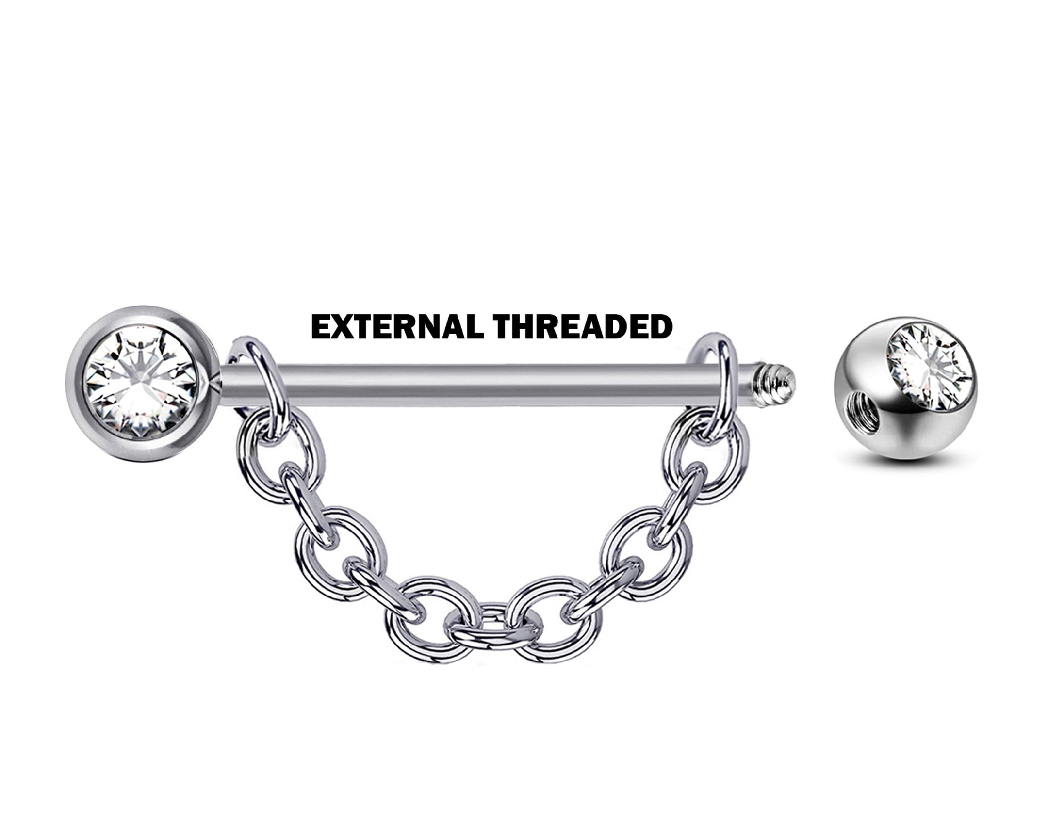Nose Bridge Barbell Front Gem CZ Crystal, Titanium Barbell Studs with Chain 16g 14g Body Piercing Jewellery - Externally Threaded