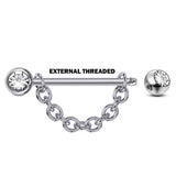 Nipple Barbell Front Gem CZ Crystal with Piercing Chain - Titanium Nipple Jewelry Studs 16g 14g Nipple Shield - Externally Threaded