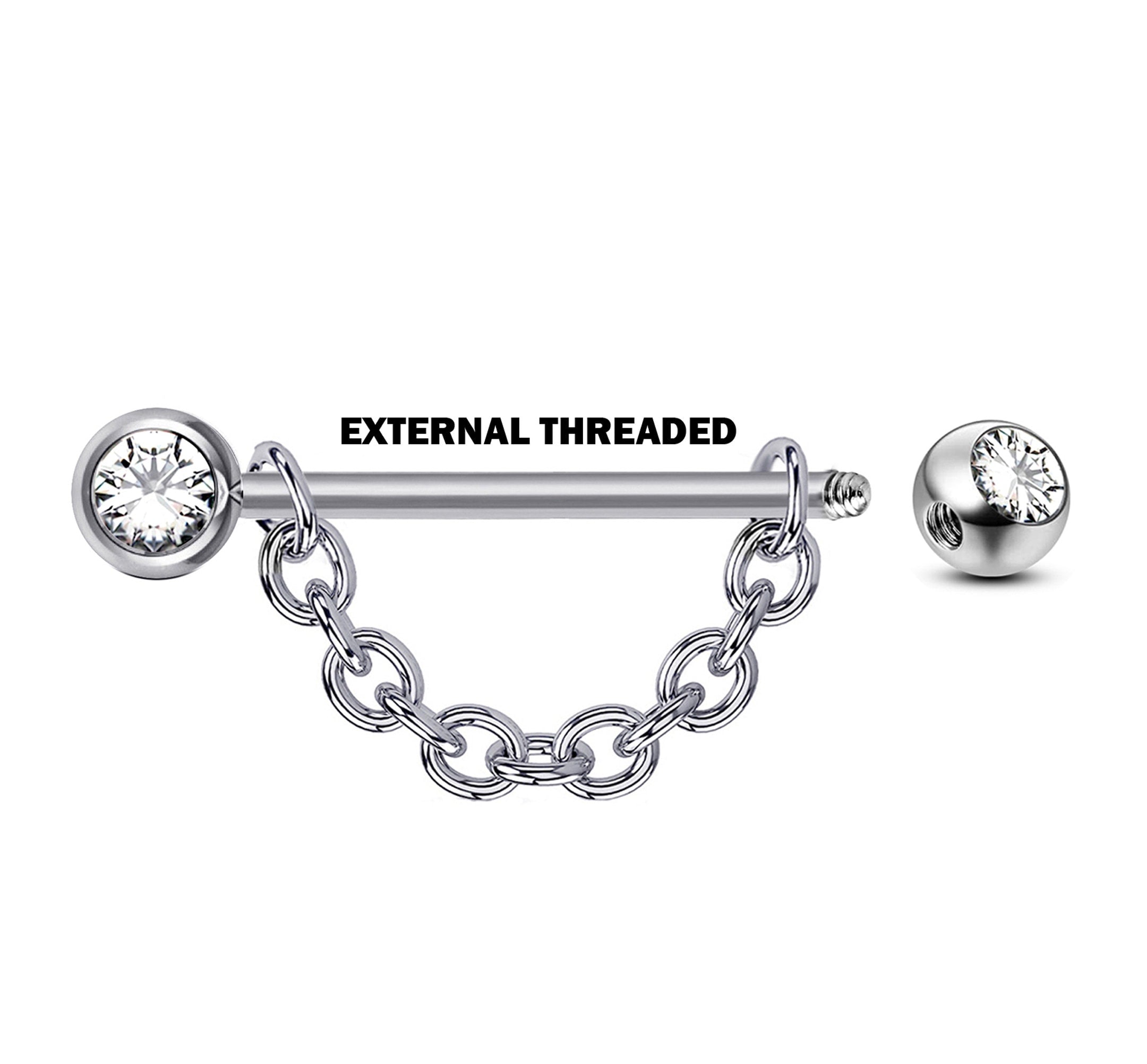 Nipple Barbell Front Gem CZ Crystal with Piercing Chain - Titanium Nipple Jewelry Studs 16g 14g Nipple Shield - Externally Threaded