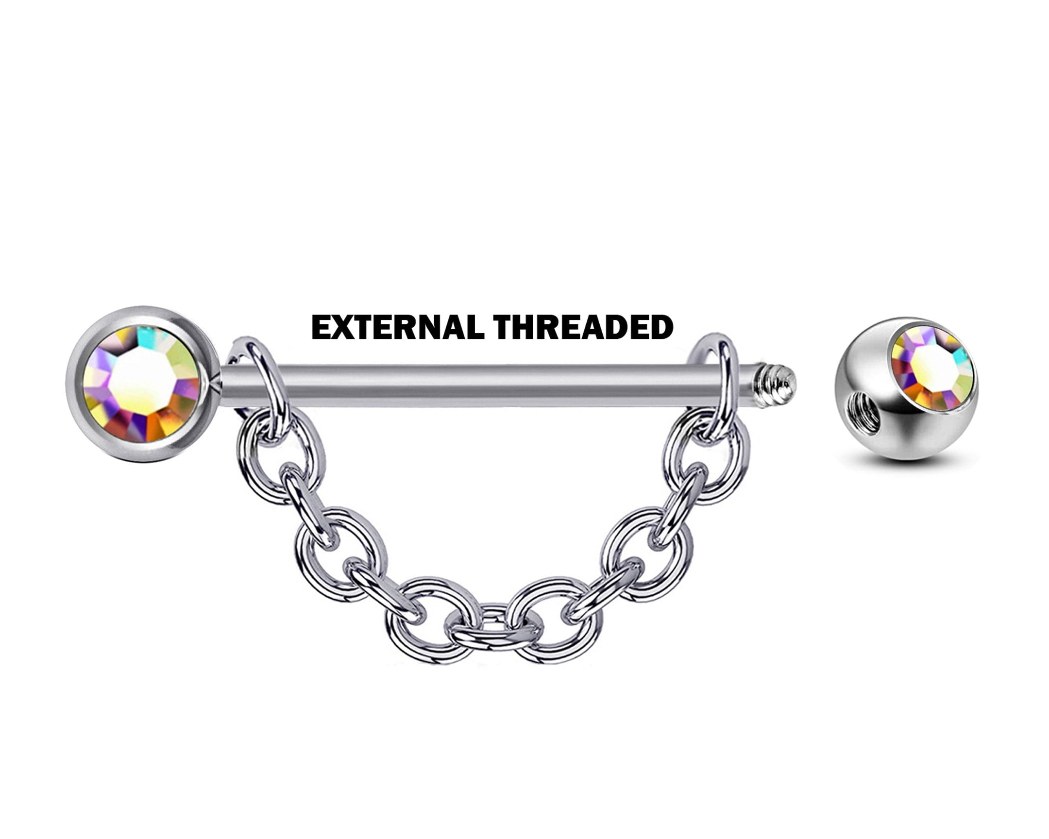 Nose Bridge Barbell Front Gem CZ Crystal, Titanium Barbell Studs with Chain 16g 14g Body Piercing Jewellery - Externally Threaded