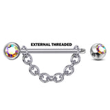 Nipple Barbell Front Gem CZ Crystal with Piercing Chain - Titanium Nipple Jewelry Studs 16g 14g Nipple Shield - Externally Threaded