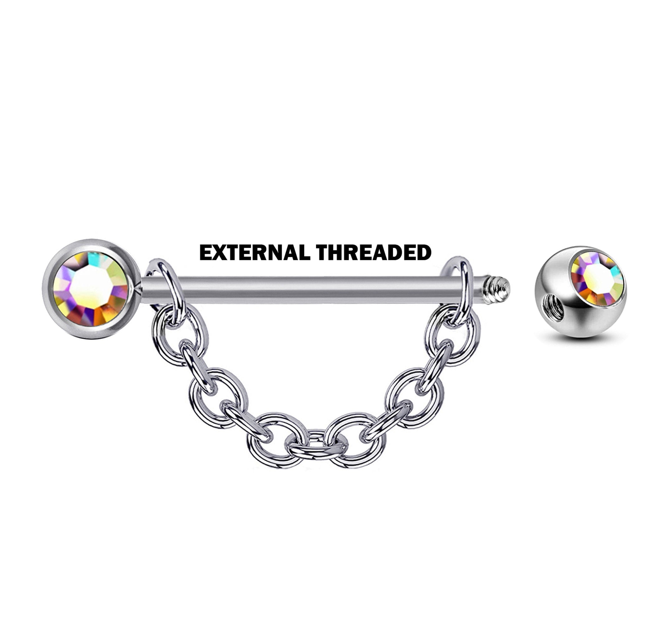 Nipple Barbell Front Gem CZ Crystal with Piercing Chain - Titanium Nipple Jewelry Studs 16g 14g Nipple Shield - Externally Threaded