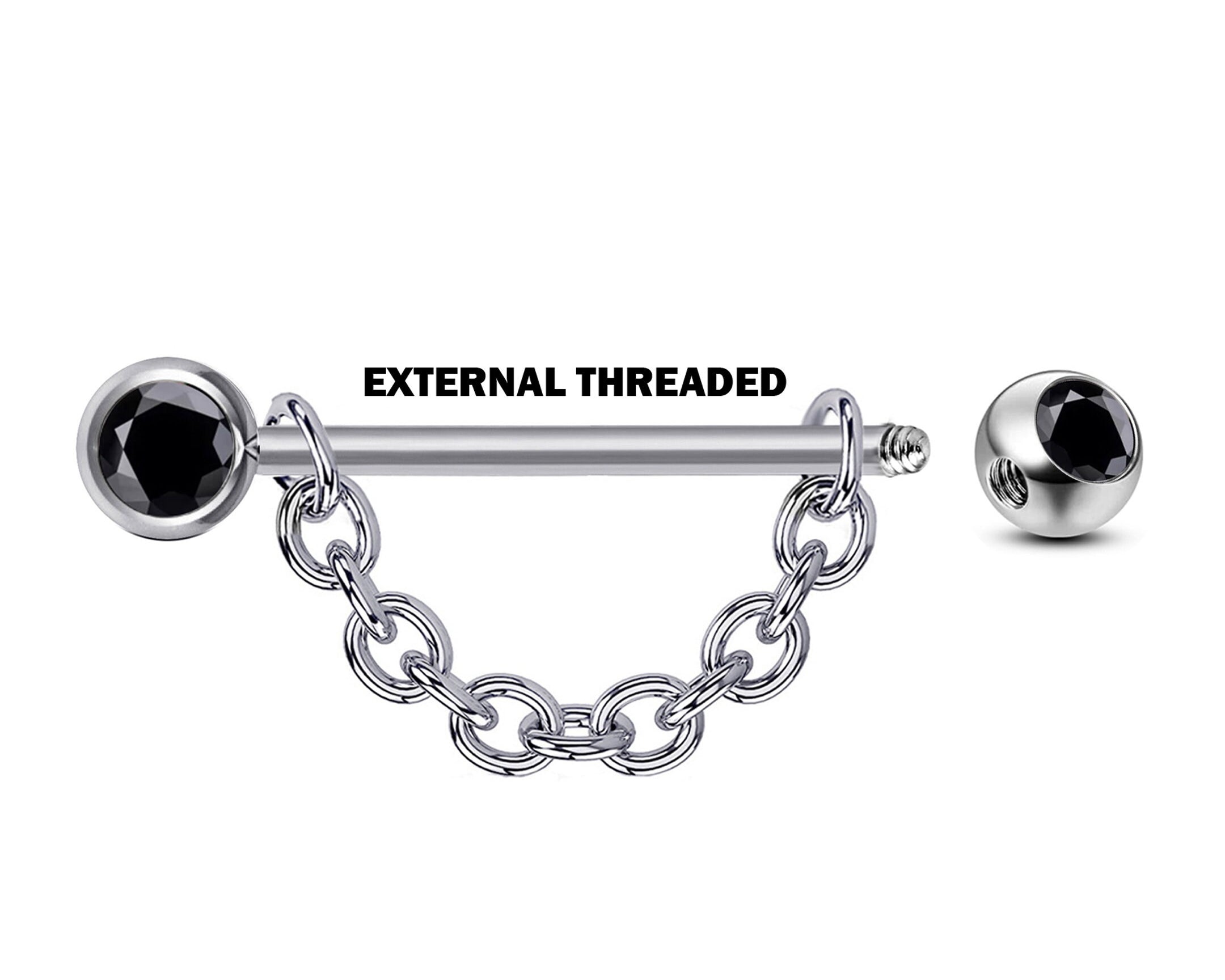Nose Bridge Barbell Front Gem CZ Crystal, Titanium Barbell Studs with Chain 16g 14g Body Piercing Jewellery - Externally Threaded