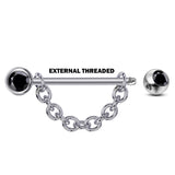 Nipple Barbell Front Gem CZ Crystal with Piercing Chain - Titanium Nipple Jewelry Studs 16g 14g Nipple Shield - Externally Threaded